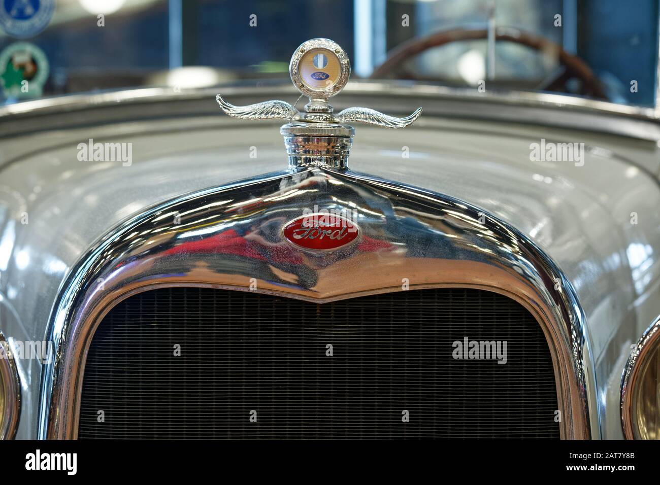 Ford Model A 40 Roadster 1927 Model Red Ford Logo on radiator cover and Ford Emblem on the hood. Model A with 4 cylinder was the successor of the Mode Stock Photo