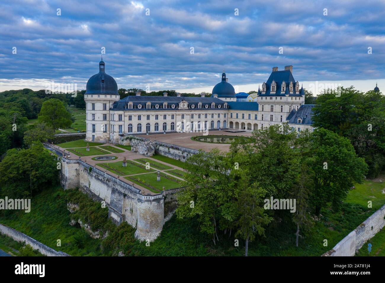 France, Indre, Berry, Valencay, Chateau de Valencay Park and Gardens, castle courtyard and the Jardin de la Duchesse in spring (aerial view) // France Stock Photo