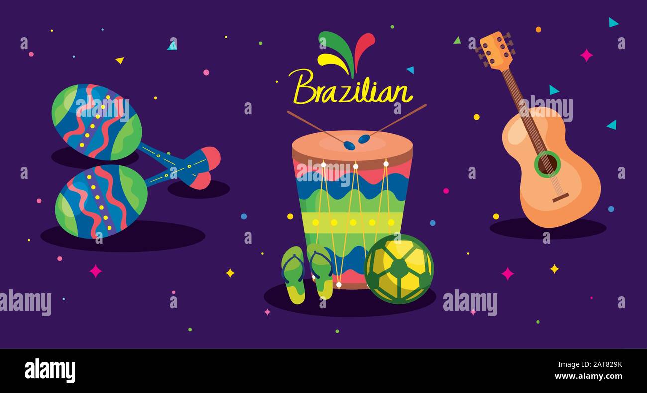 poster of brazilian carnival with drum and icons traditional Stock ...