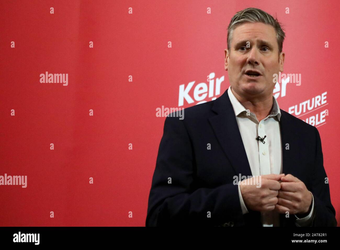 London / UK – January 31, 2020: Keir Starmer, running to be leader of the Labour Party, gives a speech at Westminster Cathedral Hall on Brexit day Stock Photo