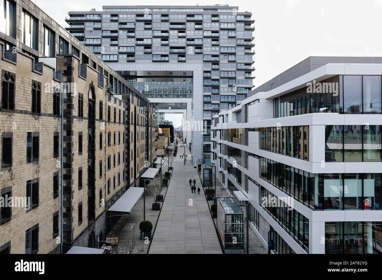 Street view of Crane buildings in Cologne Stock Photo