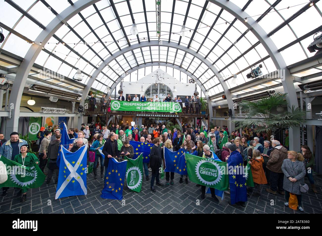 Glasgow, UK. 31st Jan, 2020. Pictured: Scenes from the Campaign Launch. On the day the UK leaves the European Union, the Scottish Greens stage a major rally to launch a new Green Yes campaign for Scotland to re-join the EU as an independent nation. Scottish Greens co-leader Patrick Harvie is joined by Ska Keller MEP, president of the Green group in the European Parliament, who will give a speech. Credit: Colin Fisher/Alamy Live News Stock Photo