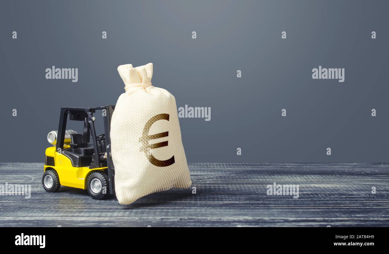 Yellow Forklift Carries A Euro Money Bag Grants Financing