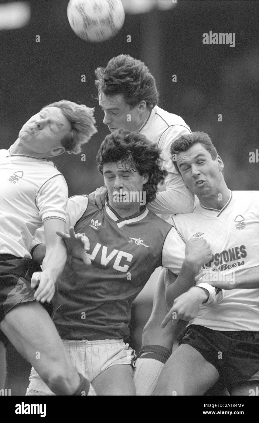 Niall Quinn is out-gunned as he tries to head for goal. Pearce, Gaynor and Foster are the Nottingham Forest players, left - right. No one can watch Stock Photo