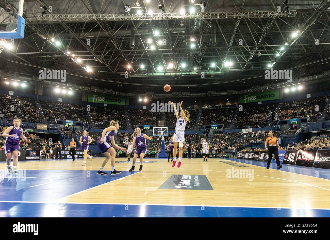 Birmingham, UK, 26 January, 2020.  Sevenoaks Suns defeat Durham Palatinates, 74-64 to win the WBBL cup at Arena Birmingham, Birmingham UK. Suns' no 31 Garrido-Perez with the shot. copyright Carol Moir. Stock Photo