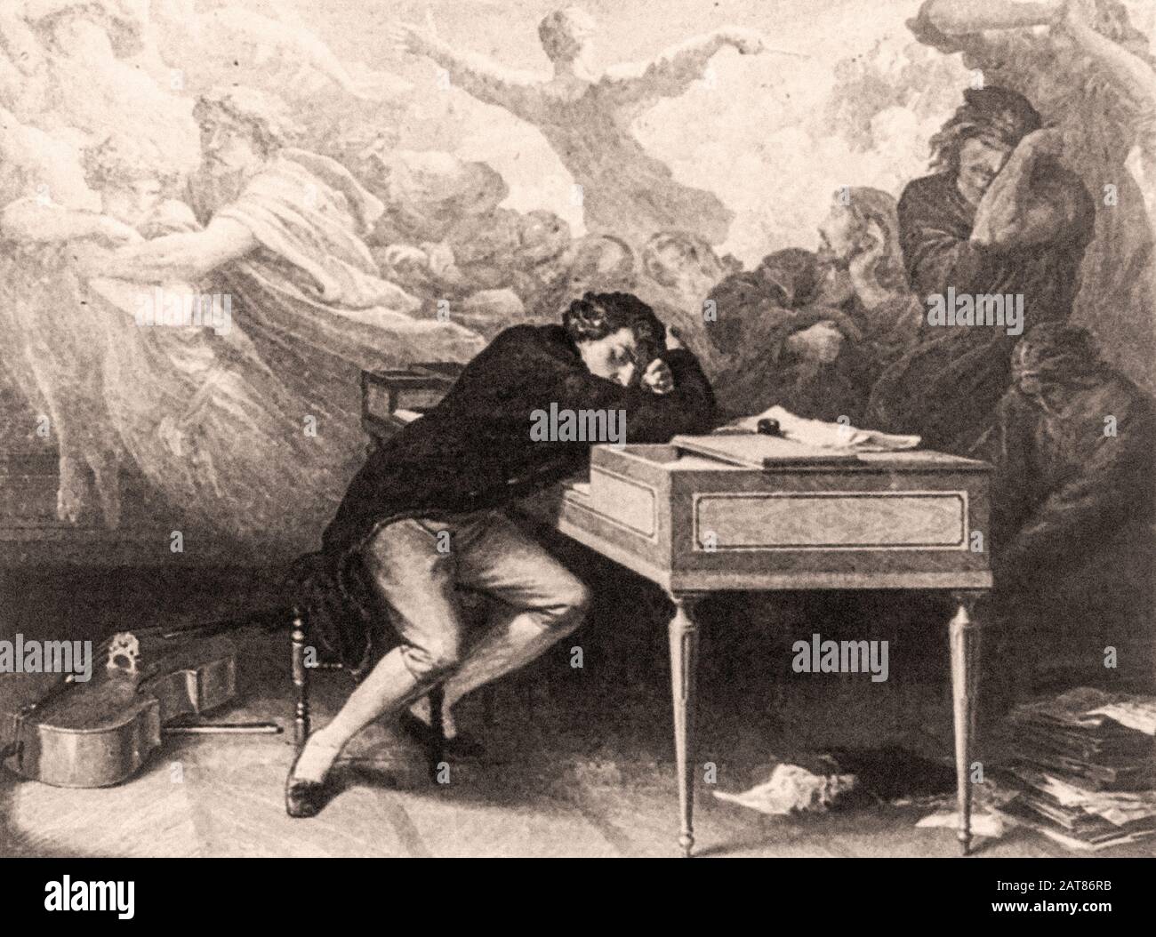 Ludwig Van Beethoven Full lgth., seated, facing right; leaning on piano with eyes closed. Stock Photo