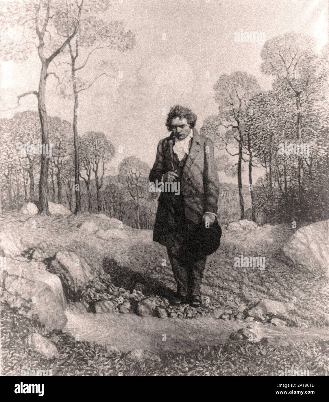 Ludwig Van Beethoven front view of man deep in thought, standing with hat in hand, on bank of stream near small waterfalls - print  1918 Stock Photo