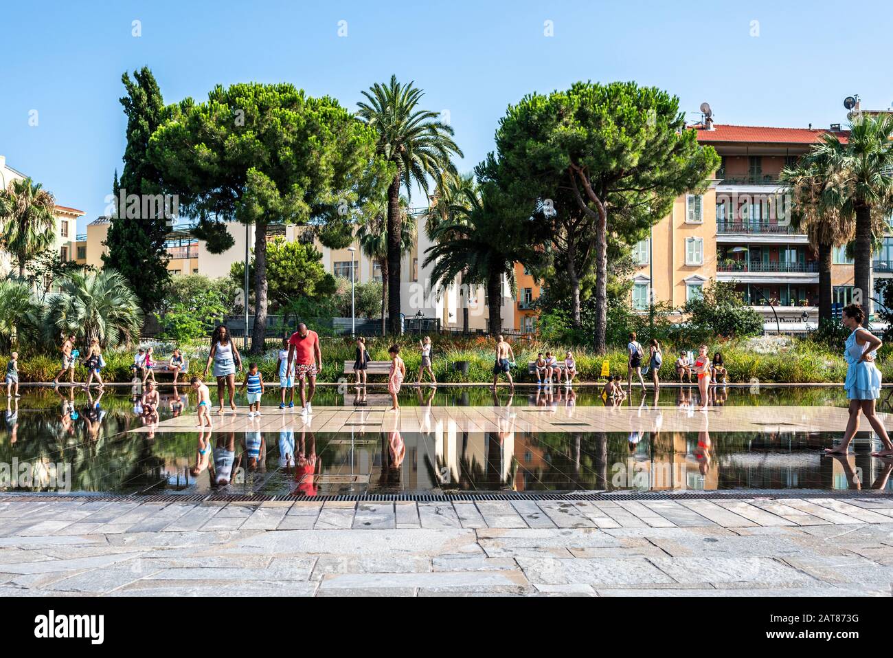 This new urban park has been created in 2013. It’s been described as a green open space with multiple playgrounds as well as the famous Mirroir d’Eau. Stock Photo
