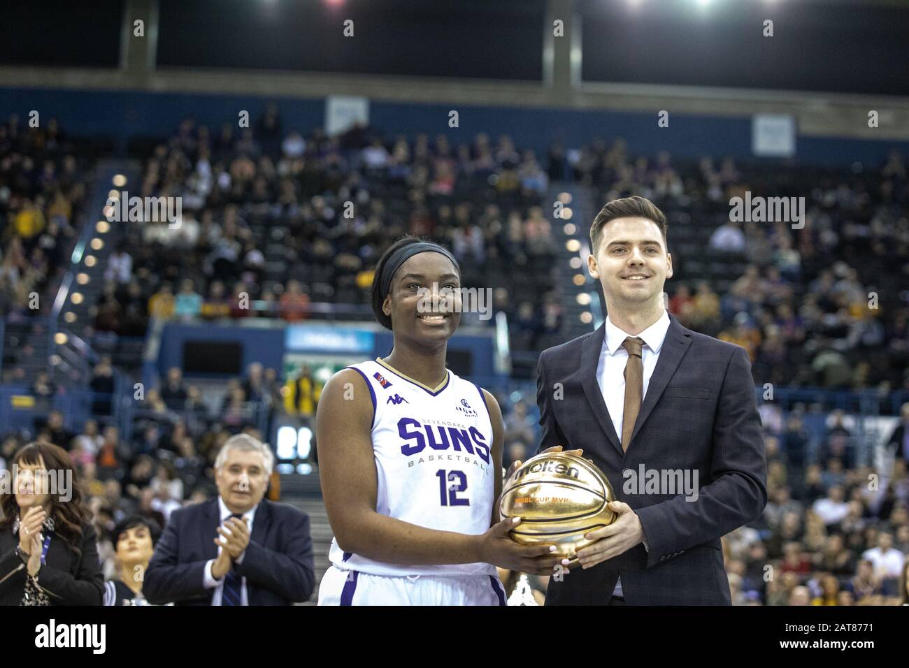 Birmingham, UK, 26 January, 2020.  Sevenoaks Suns defeat Durham Palatinates, 74-64 to win the WBBL cup at Arena Birmingham, Birmingham UK. Suns' Janice Monakana with the ' golden ball' rpize for the tournament MVP. copyright Carol Moir. Stock Photo