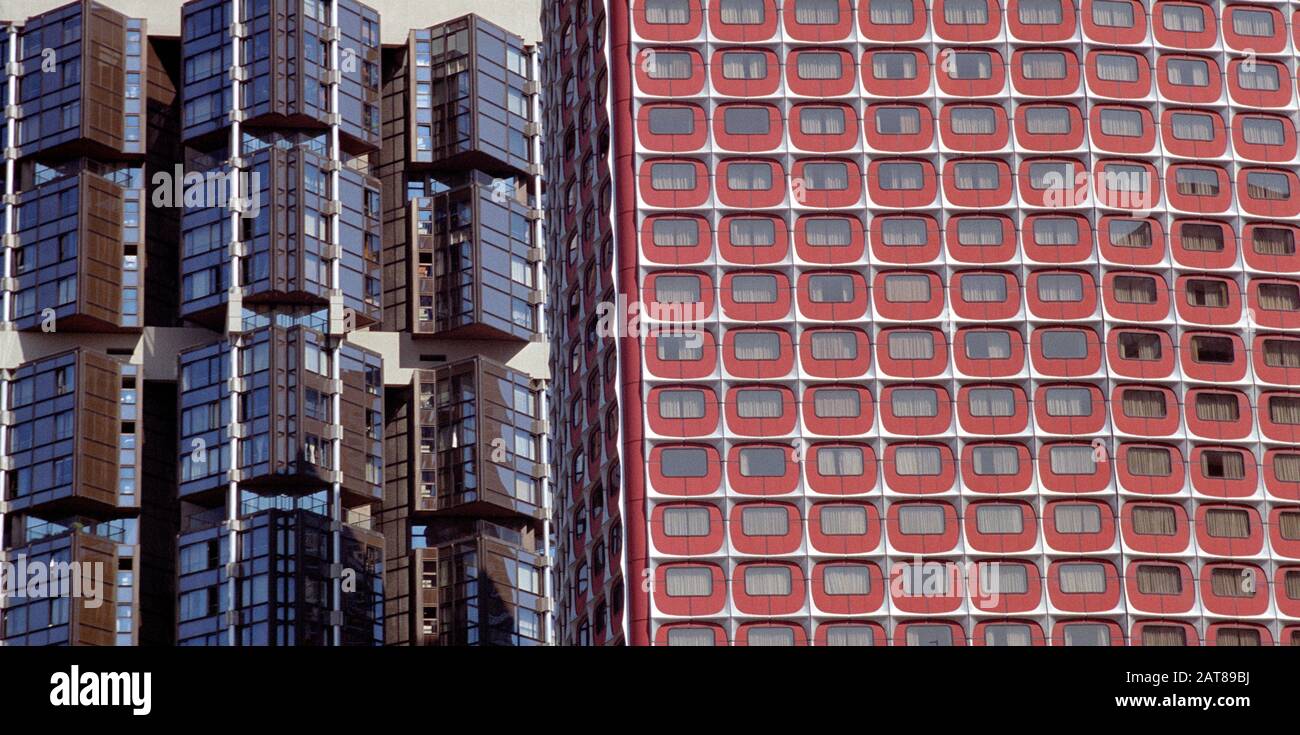 PARIS 70S  MODERN ARCHITECTURE BUILDING IN BEAUGRENELLE DISTRICT THE NIKKO HOTEL AND TOTEM TOWER - SIVER FILM © Frédéric BEAUMONT Stock Photo