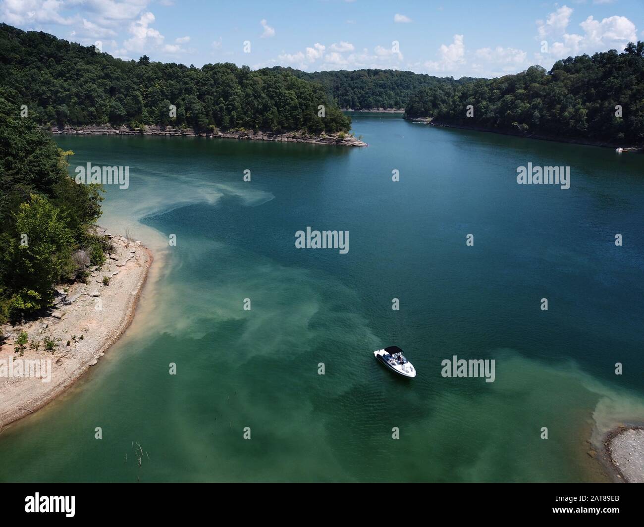 Speed boat on Lake Cumberland drone aerial Kentucky USA Stock Photo
