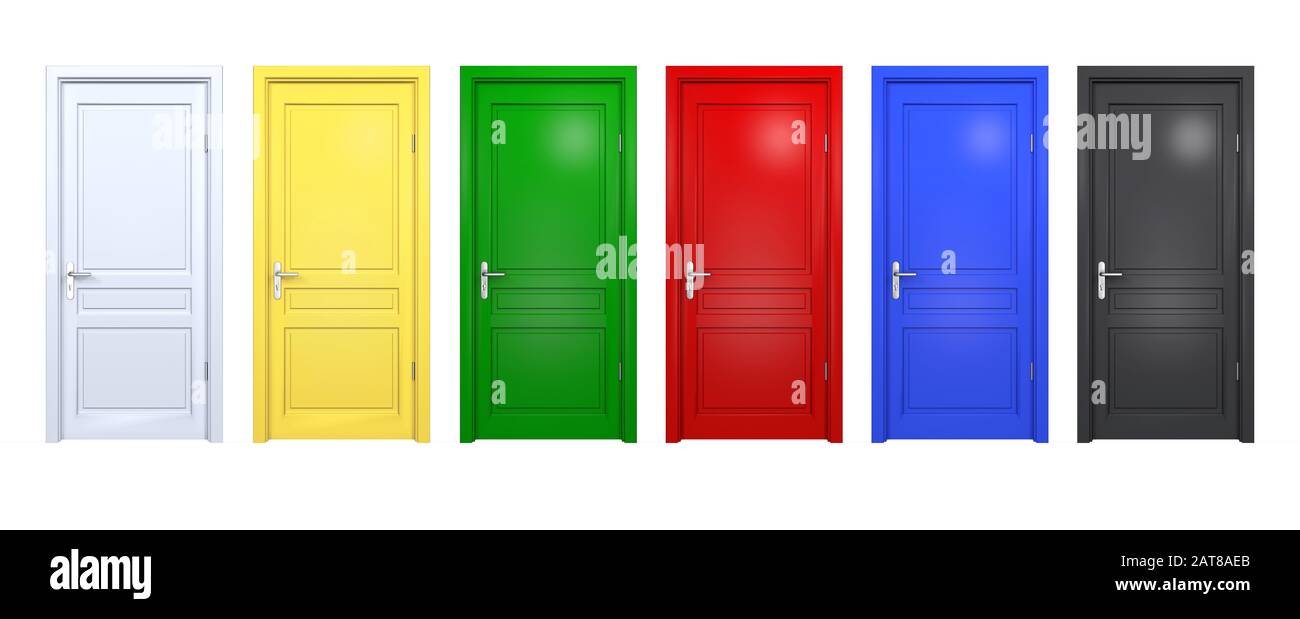 Set of black, blue, red, green, yellow doors isolated on white. Front 3D render of closed and open doorway in different color Stock Photo