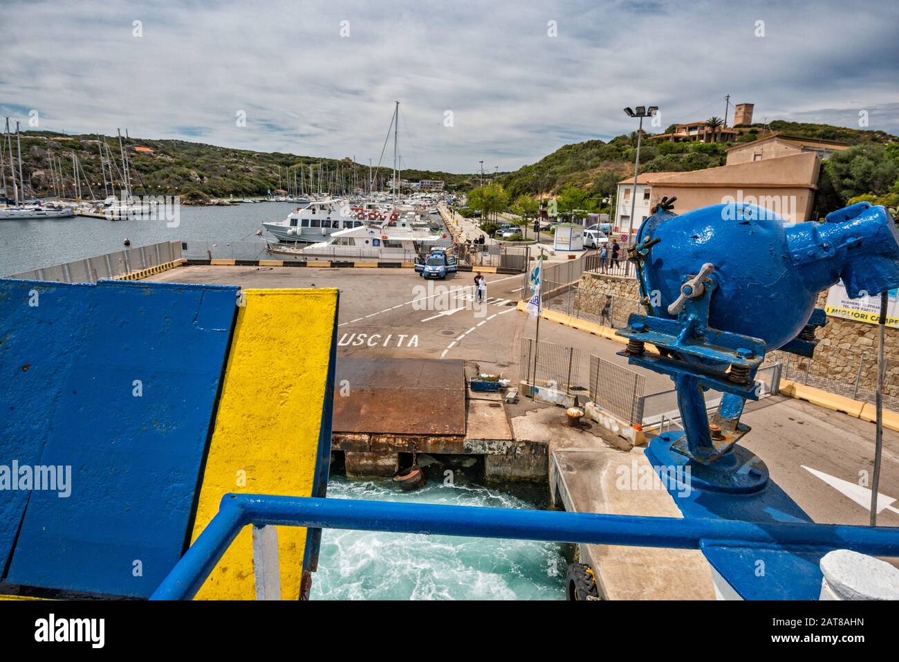 MS Ichnusa, BluNavy ferry lowering ramp after arriving at terminal in Santa Teresa di Gallura, Sassari, Sardinia, Italy Stock Photo