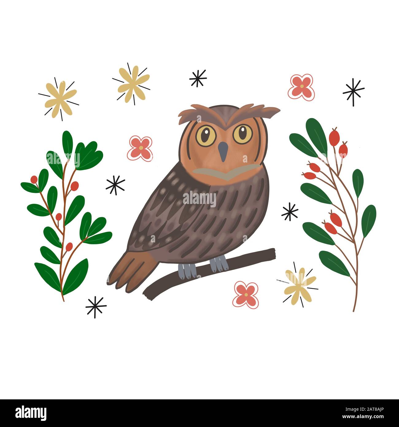 Image of an owl on a branch with leaves Stock Photo