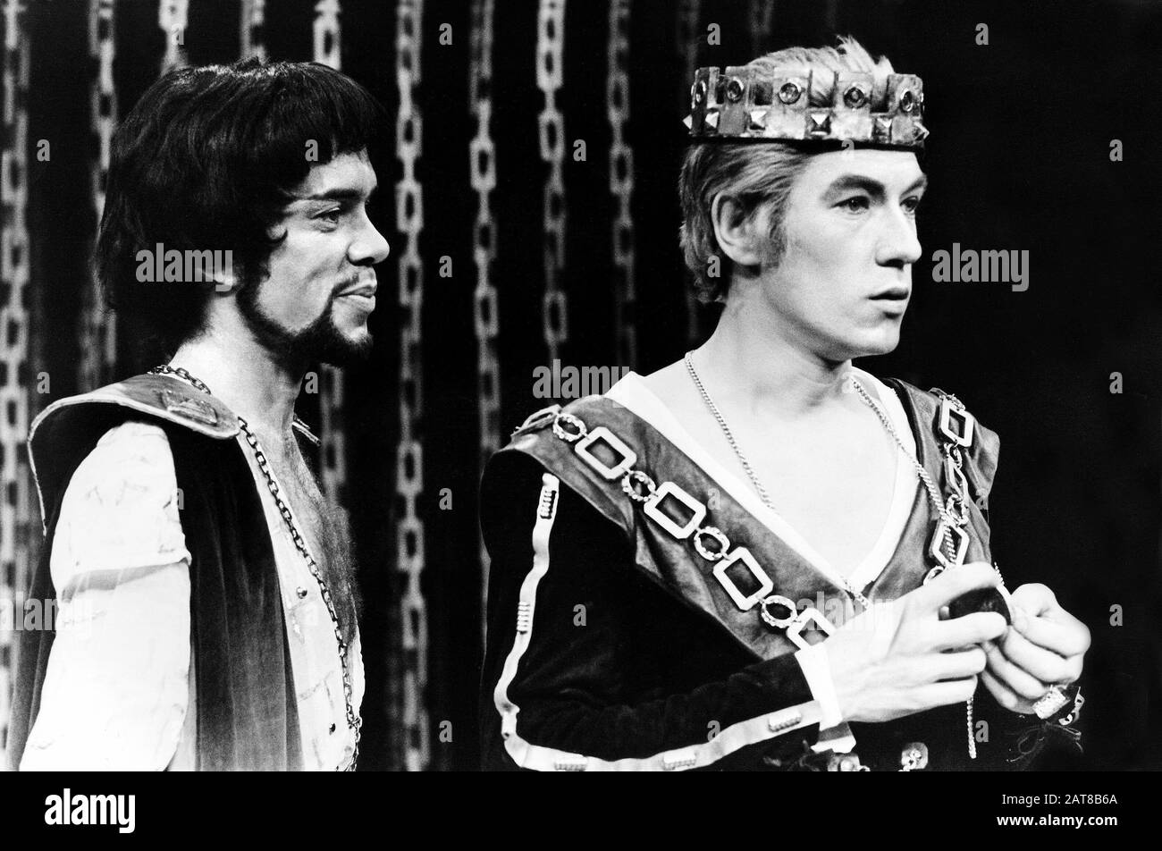 James Laurenson (Piers Gaveston), Ian McKellen (Edward II) in EDWARD II by Christopher Marlowe directed by Toby Robertson for the Prospect Theatre Company at the Piccadilly Theatre, London in 1970. Sir Ian Murray McKellen, born 1939, Burnley, England. English stage and film actor. Co-founder of Stonewall, gay rights activist, knighted in 1990, made a Companion of Honour 2007. Stock Photo