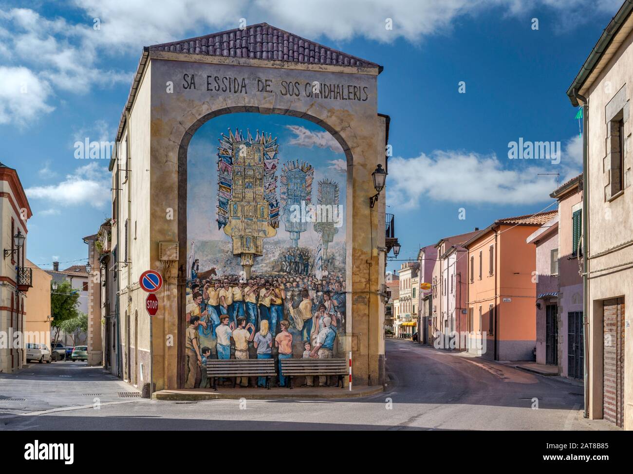 Mural with Sardinian language inscription, commemorating the annual religious procession, in town of Nulvi, Anglona, Sassari province, Sardinia, Italy Stock Photo