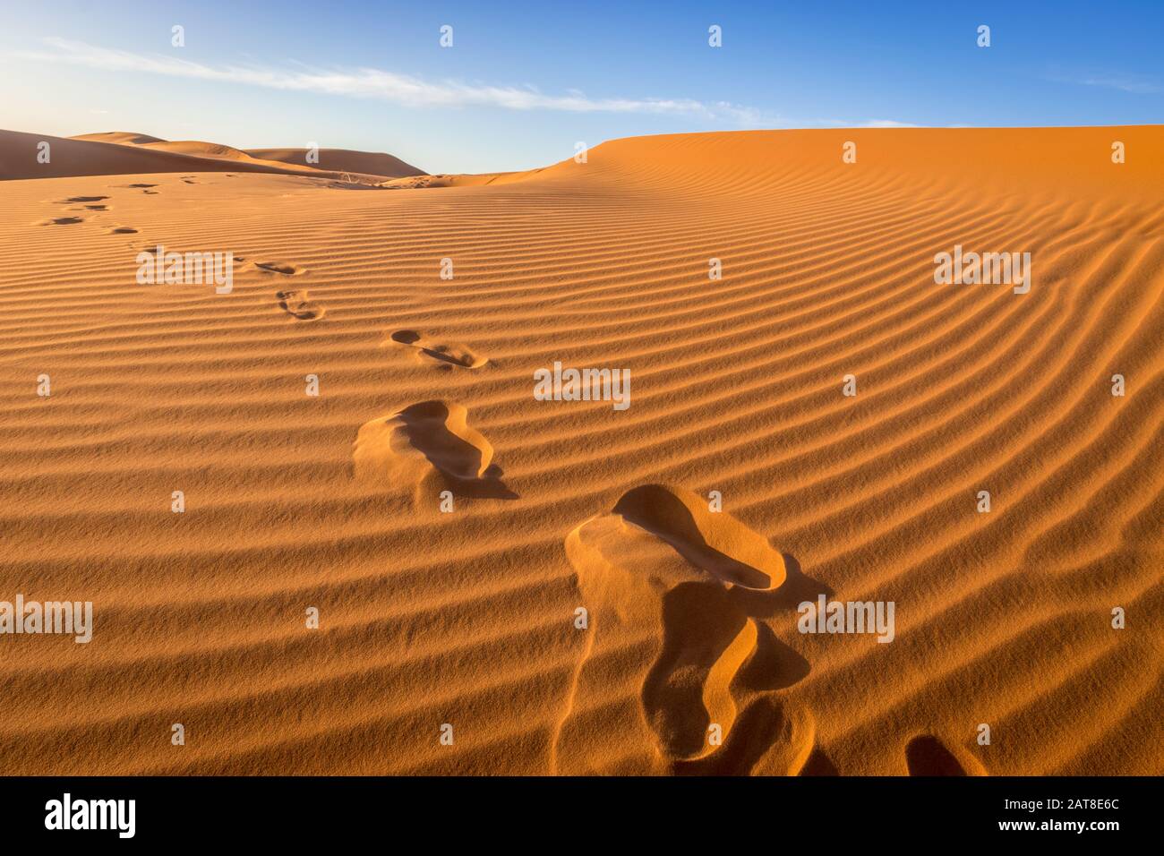 Footprints in the sand, Sahara, Merzouga, Morocco Stock Photo