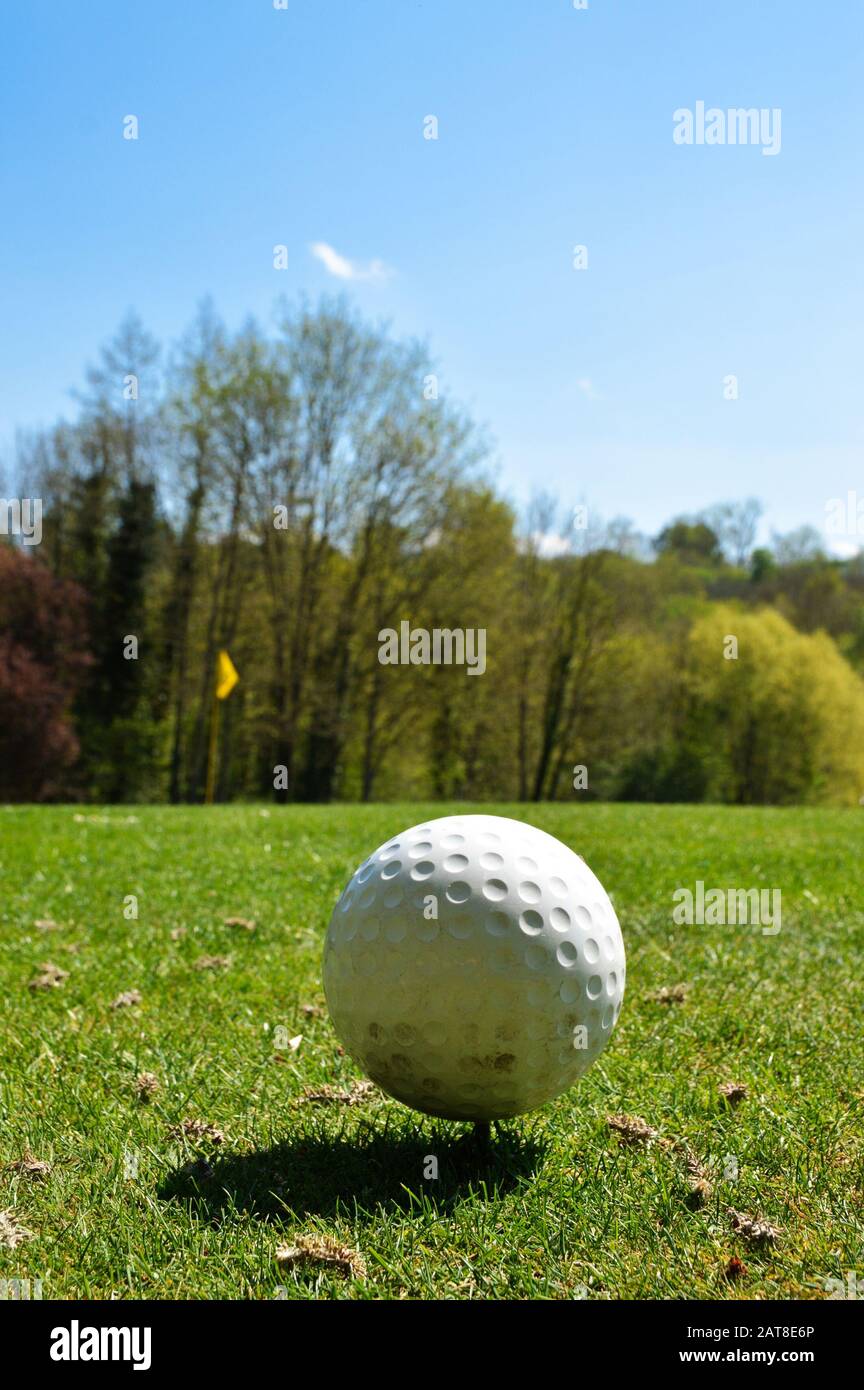 A golf ball on a golf course with flagstick Stock Photo Alamy