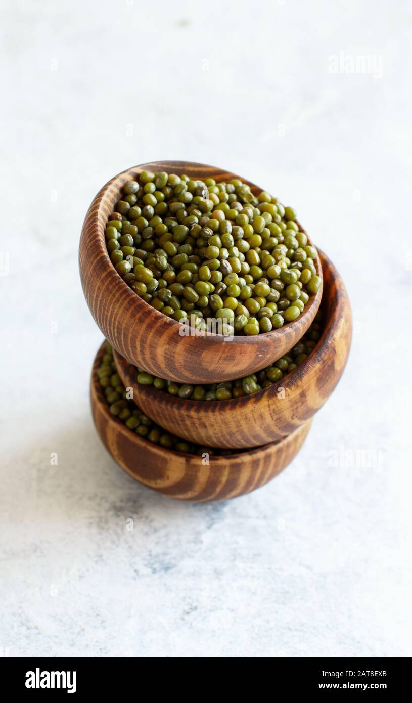 Dried mung beans in wooden bowls close up Stock Photo Alamy