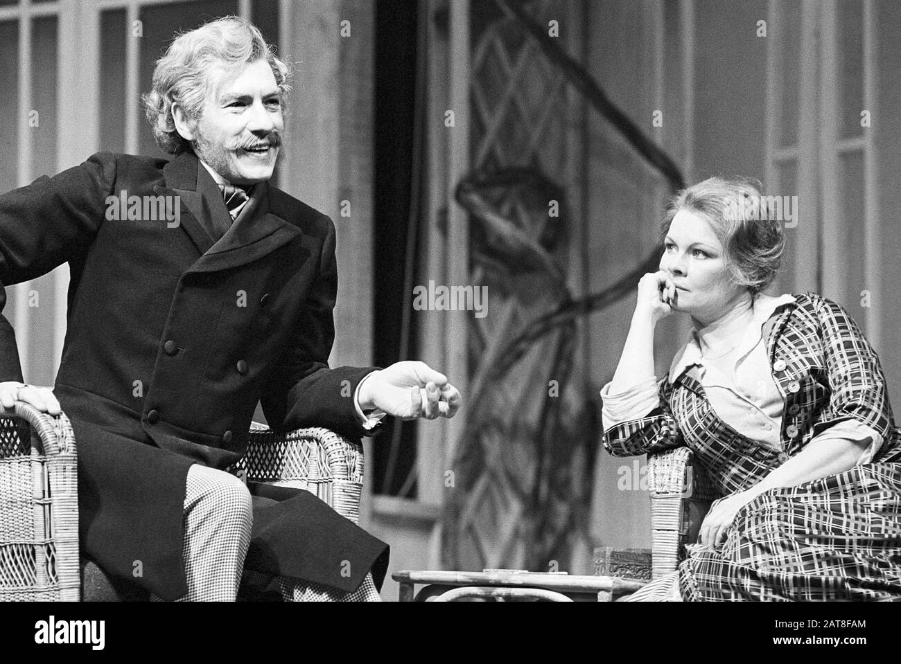 Ian McKellen (Karsten Bernick), Judi Dench (Lona Hessel) in PILLARS OF THE COMMUNITY by Henrik Ibsen directed by John Barton for Royal Shakespeare Company (RSC) at the Aldwych Theatre, London in 1977. Sir Ian Murray McKellen, born 1939, Burnley, England. English stage and film actor. Co-founder of Stonewall, gay rights activist, knighted in 1990, made a Companion of Honour 2007. Dame Judith Olivia Dench CH DBE FRSA, born 1934. Married to the actor Michael Williams from 1971 until his death in 2001. They had one daughter, the actress Finty Williams, born in 1972. Stock Photo