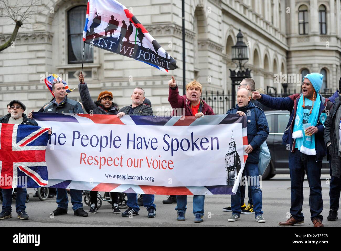 London UK 31st January 2020 - Brexit supporters celebrate outside Downing Street Whitehall London as Britain prepares to leave the EU at 11pm later this evening 47 years after joining : Credit Simon Dack / Alamy Live News Stock Photo