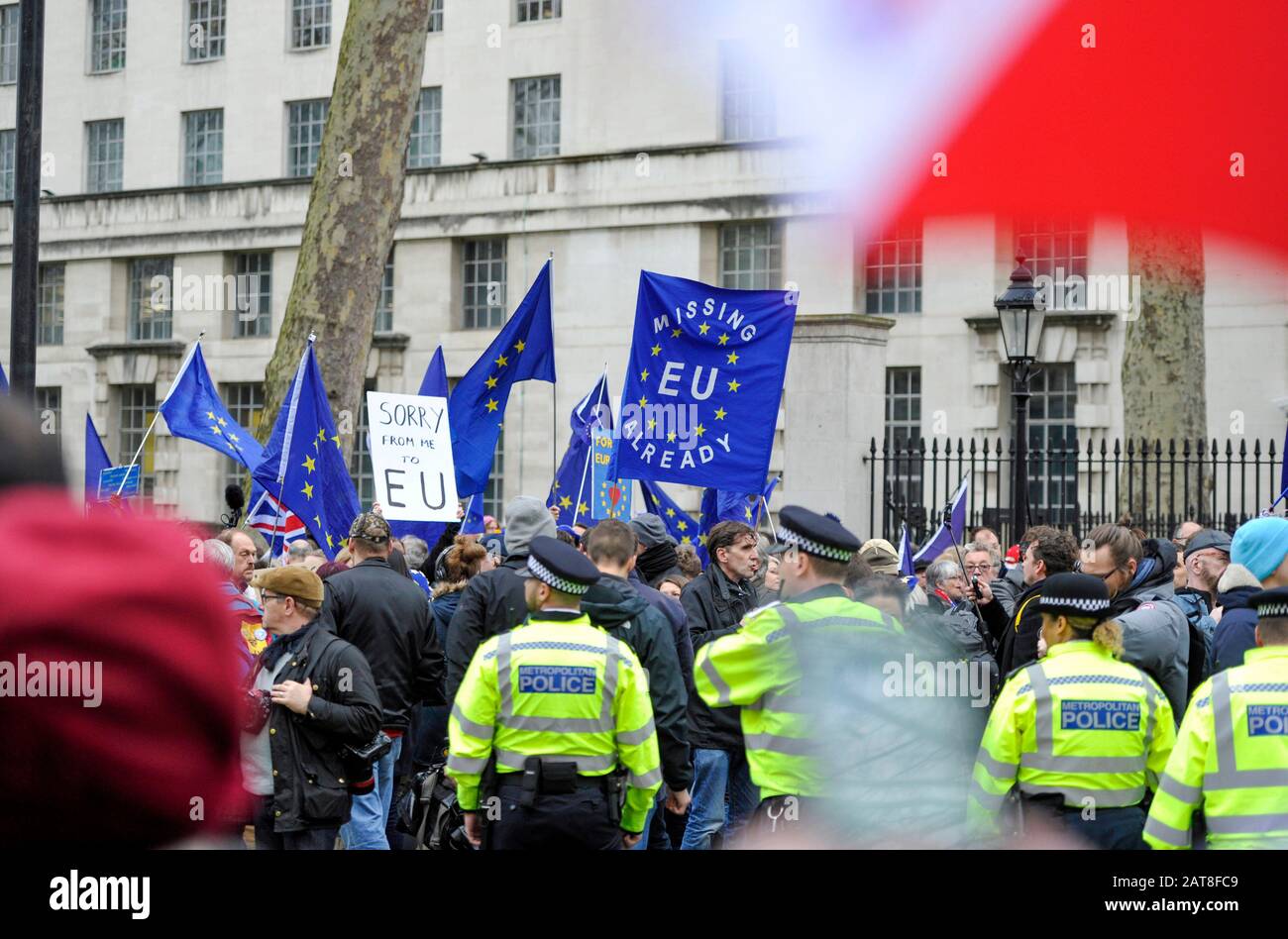 London UK 31st January 2020 - EU supporters gather in Whitehall London as Britain prepares to leave the EU at 11pm later this evening 47 years after joining : Credit Simon Dack / Alamy Live News Stock Photo