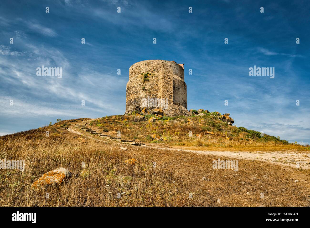 Torre di San Giovanni, 16th century, watchtower at Archaeological Site of Tharros, Sardinia, Italy Stock Photo