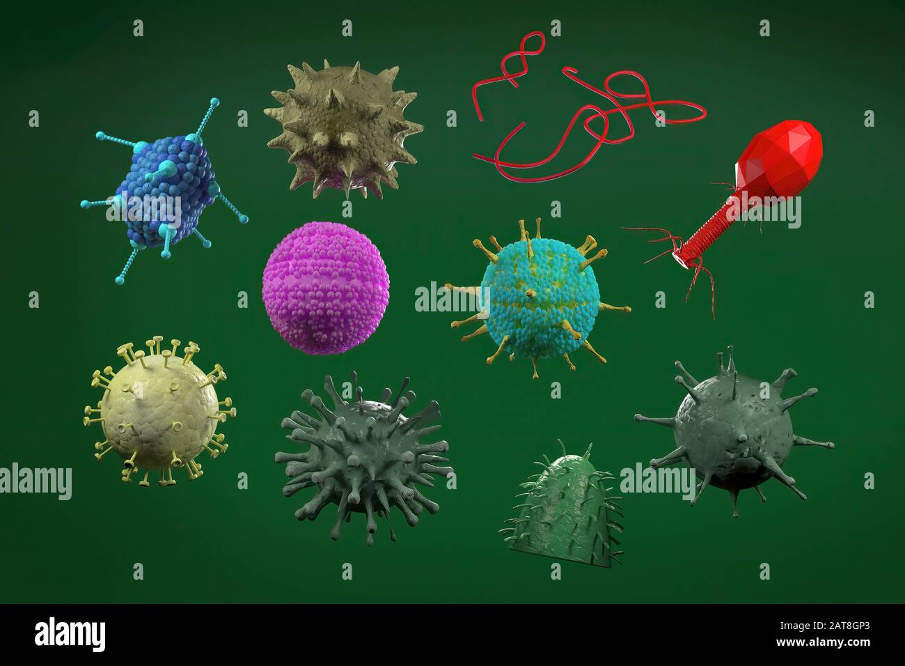 3d illustration, close up of microscope   Virus -Influenzal, Bacteriophage, Adoeno,  Hepatitis B, Ebola and Rabies Virus Stock Photo