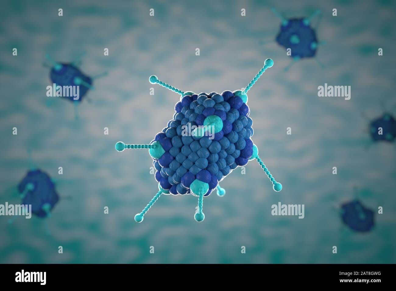 3d illustration, close up of microscope Adoeno Virus on a blue background Stock Photo