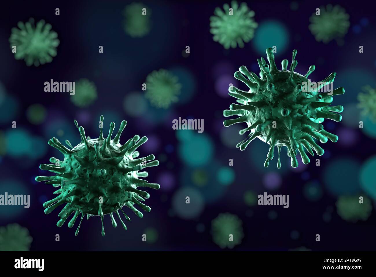 3d illustration, close up of microscope Influenza Virus on blue background Stock Photo
