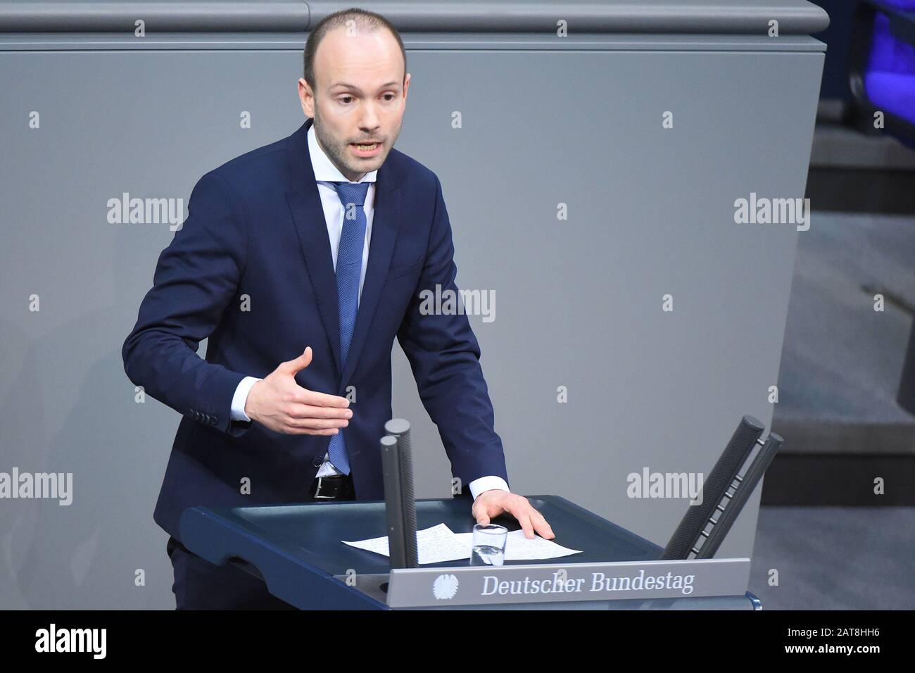 Berlin, Germany. 31st Jan, 2020. Nicolas Löbel (CDU) speaks during a session of the German Bundestag in the plenary hall of the Reichstag building. Credit: Sonja Wurtscheid/dpa/Alamy Live News Stock Photo