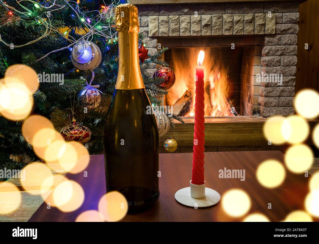 Christmas Eve Cozy Fireplace Champagne Wine And Candle Before