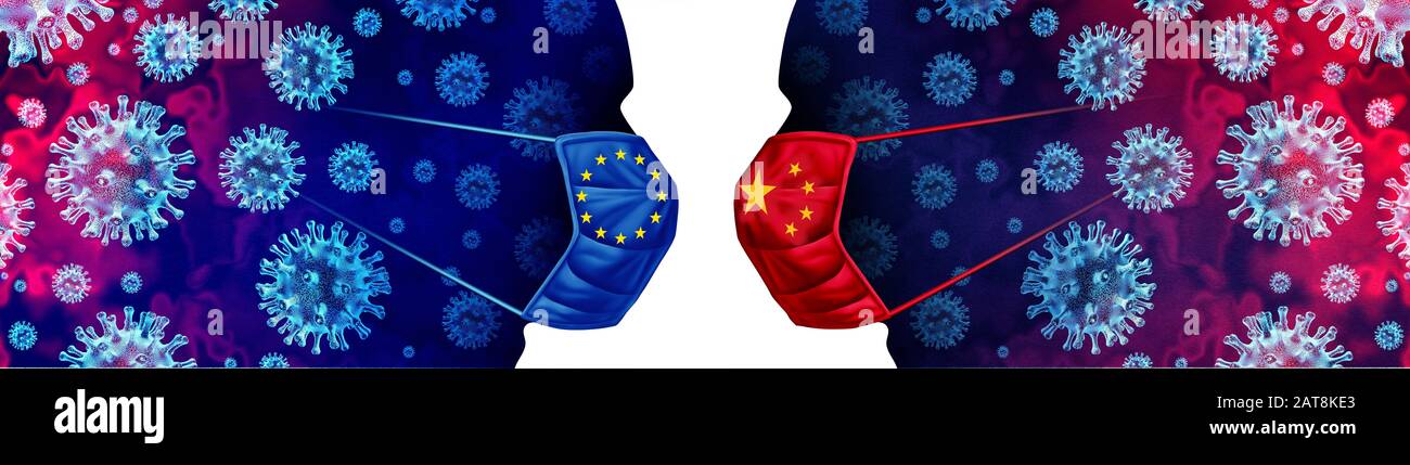 China Europe flu outbreak and contagious coronavirus or coronaviruses influenza medical crisis as dangerous pandemic as a public health risk concept. Stock Photo