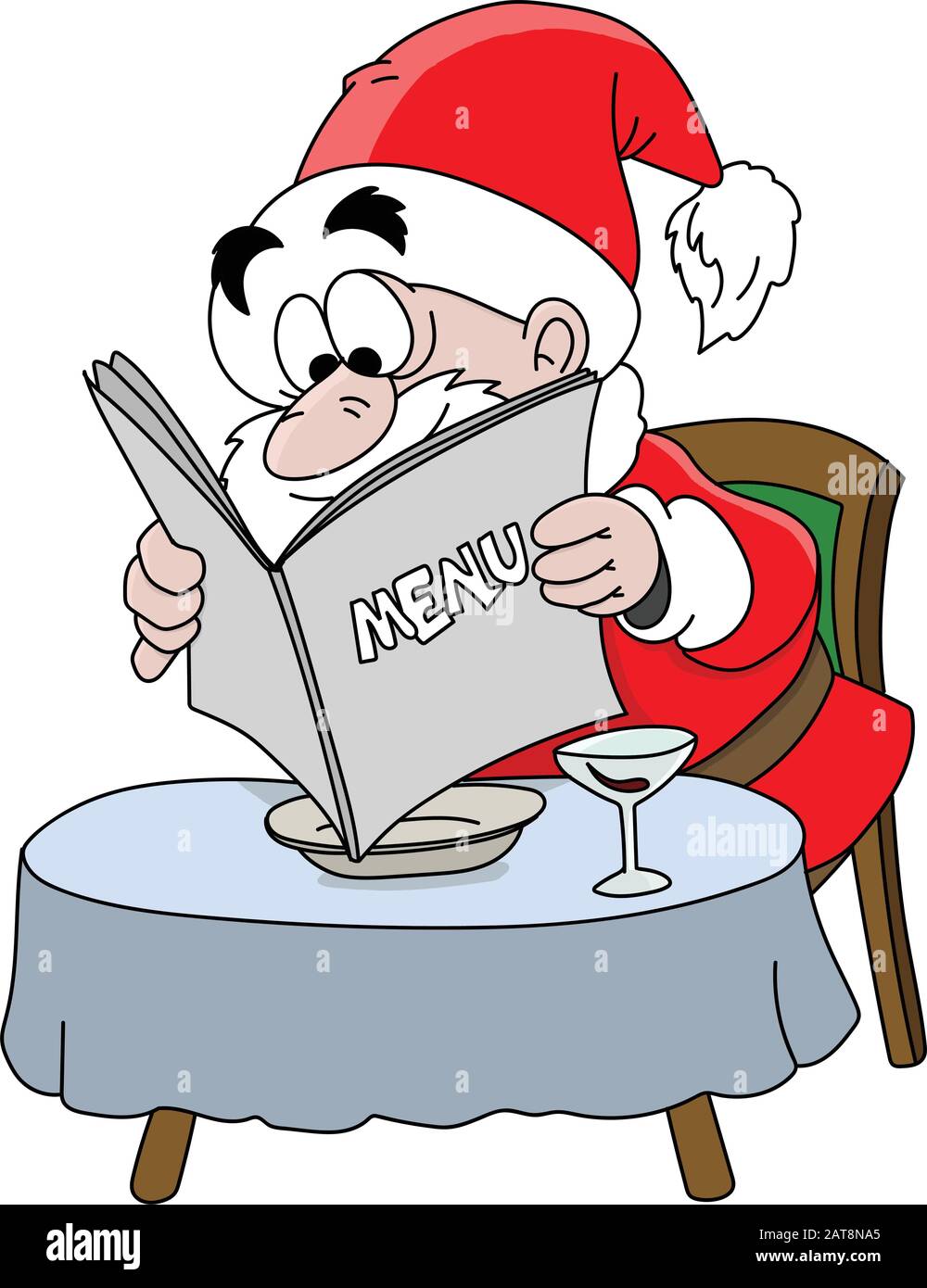 Cartoon Santa Claus sitting at a restaurant looking at the menu to order some food vector illustration Stock Vector