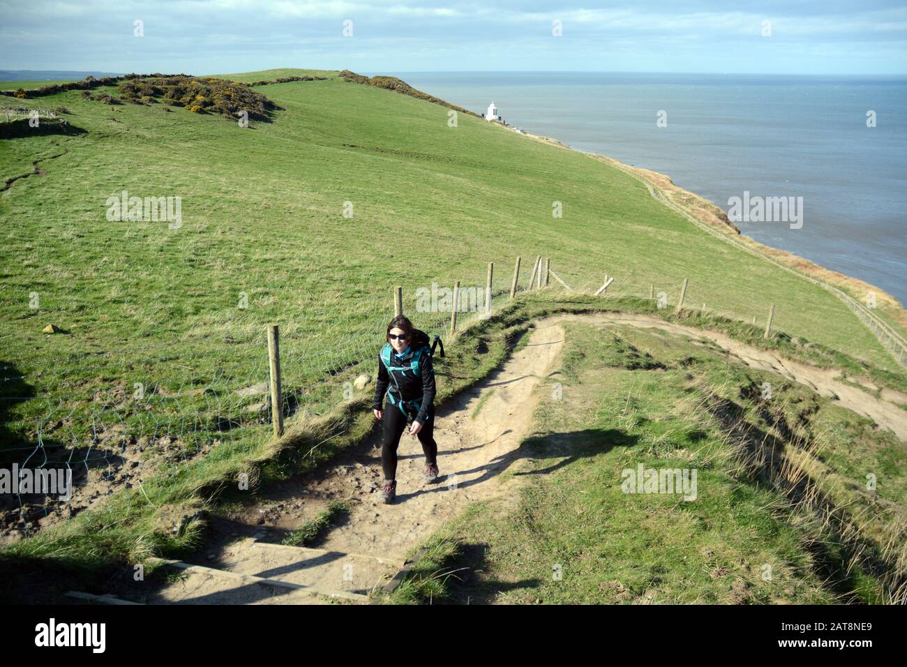 A solo female hiker walking along the Cleveland Way, a hiking trail in North York Moors National Park, Yorkshire, Northern England, United Kingdom. Stock Photo