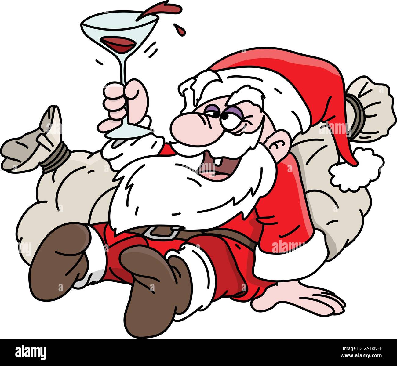 Cartoon drunk Santa Claus lying on his sacks full of gifts drinking wine vector illustration Stock Vector