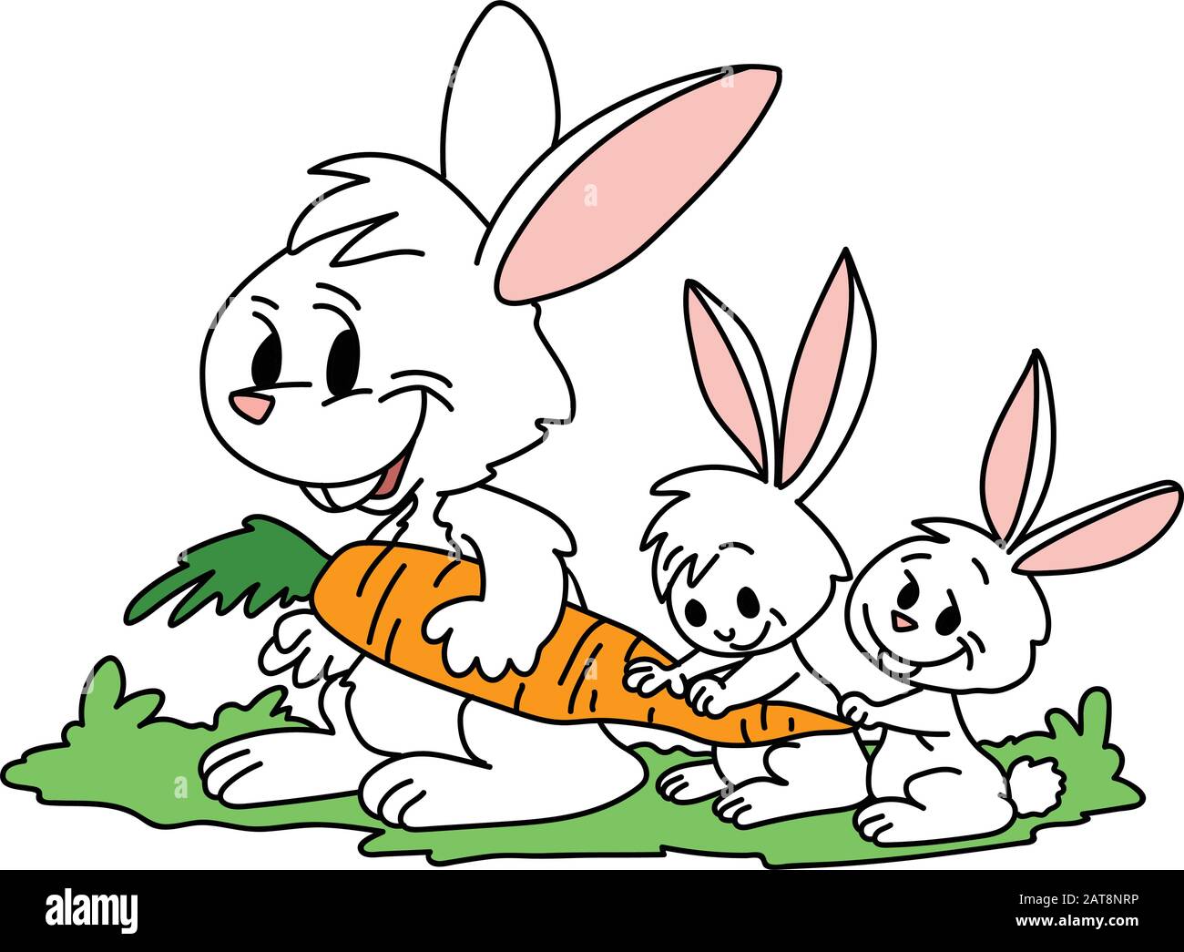 Two white cartoon bunnies following their mother holding a carrot vector illustration Stock Vector