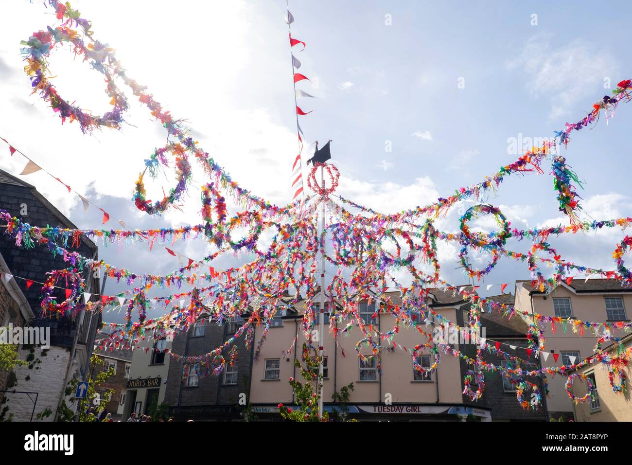 May Pole in the town centre, Obby Oss celebrations, Padstow, Cornwall, UK Stock Photo