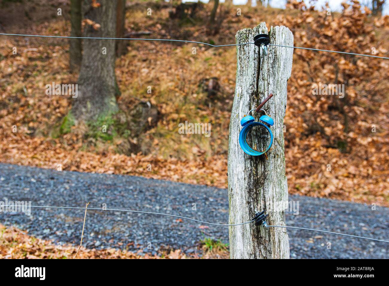 housing of a rusty old alarm clock hanging on a wooden fence post in rural autumn landscape Stock Photo