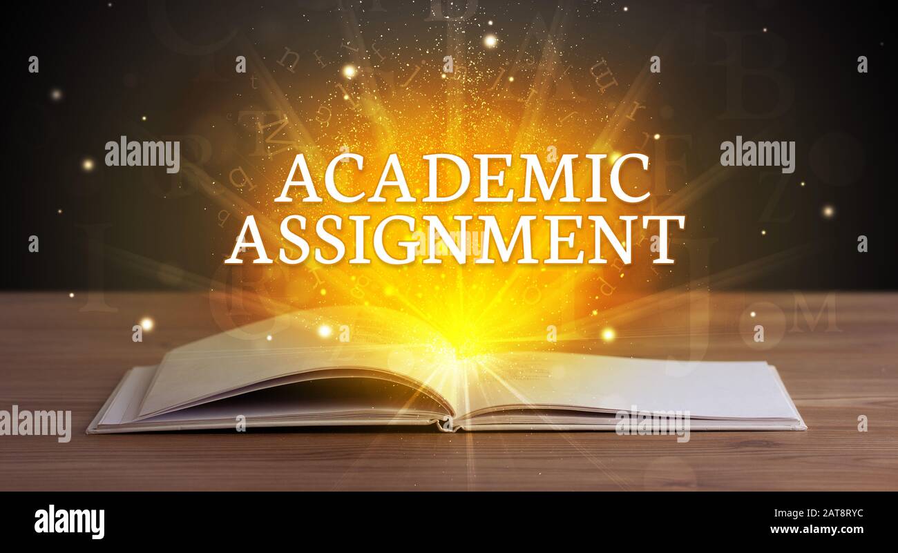 ACADEMIC ASSIGNMENT inscription coming out from an open book ...