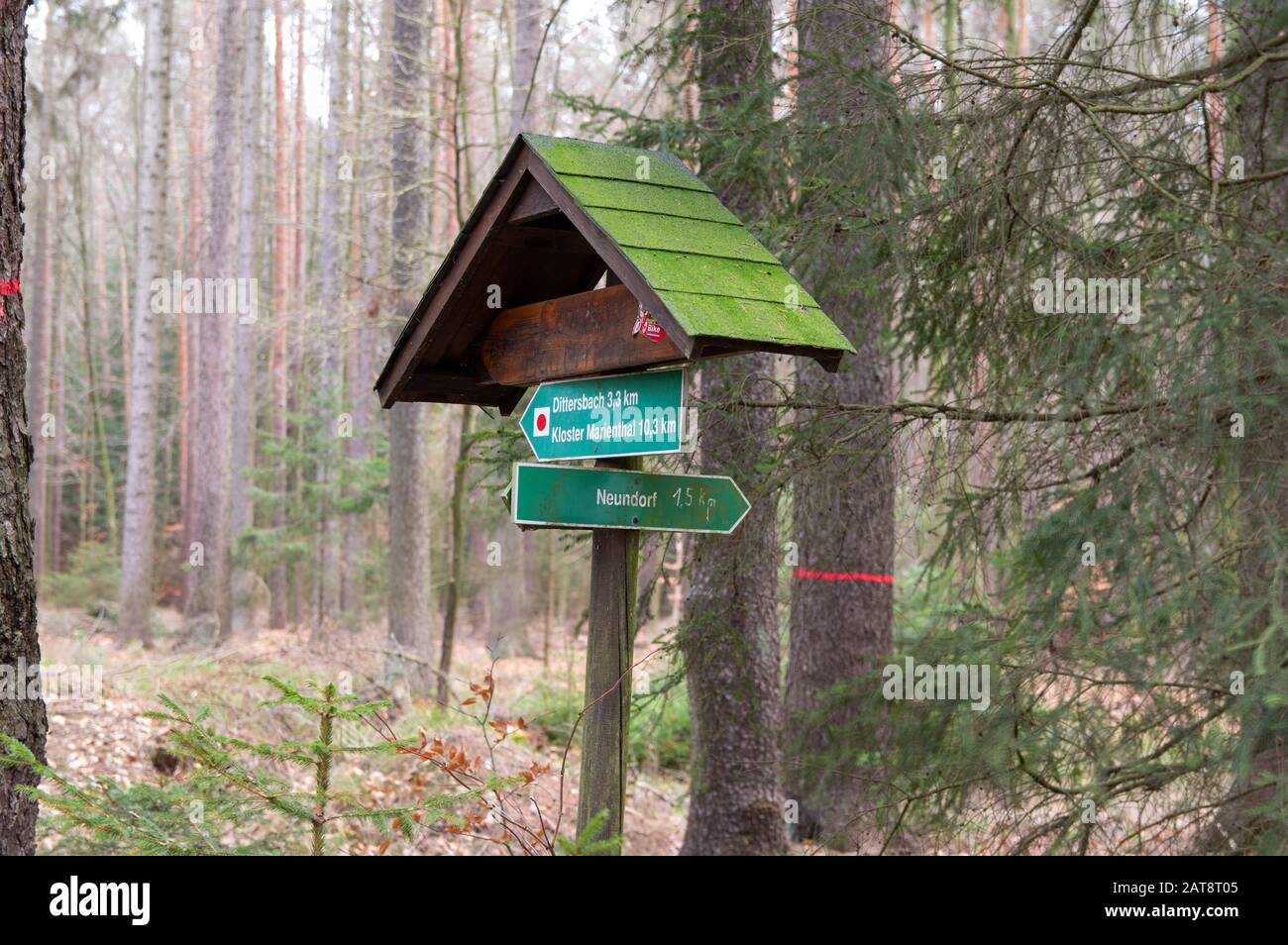 Signpost in German forest showing the direction to Cloister Marienthal in Ostritz and Neundorf auf dem Eigen Stock Photo