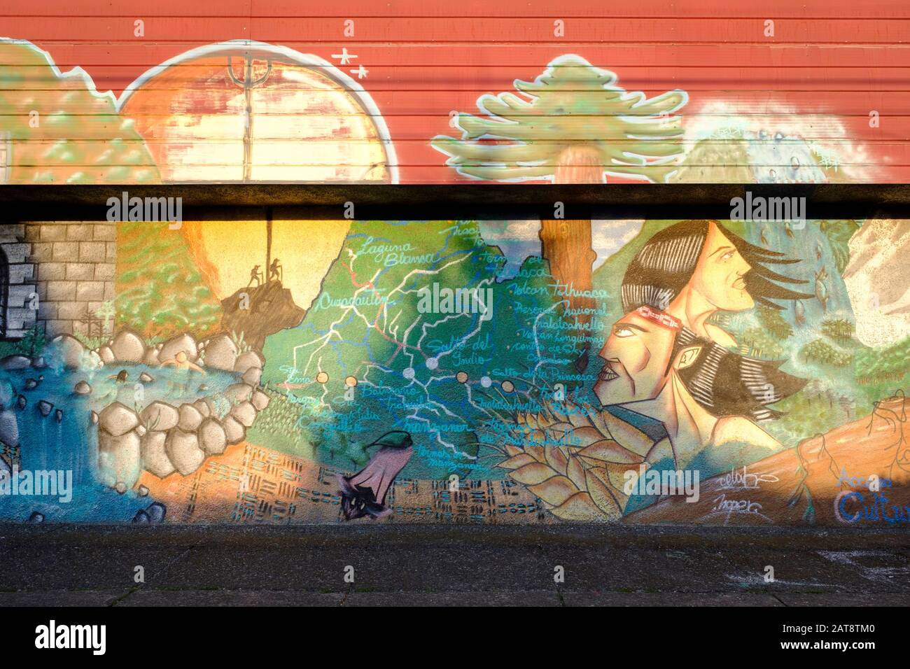 Graffiti on a wall in the streets of Curacautín. Araucania region. Chile. Stock Photo