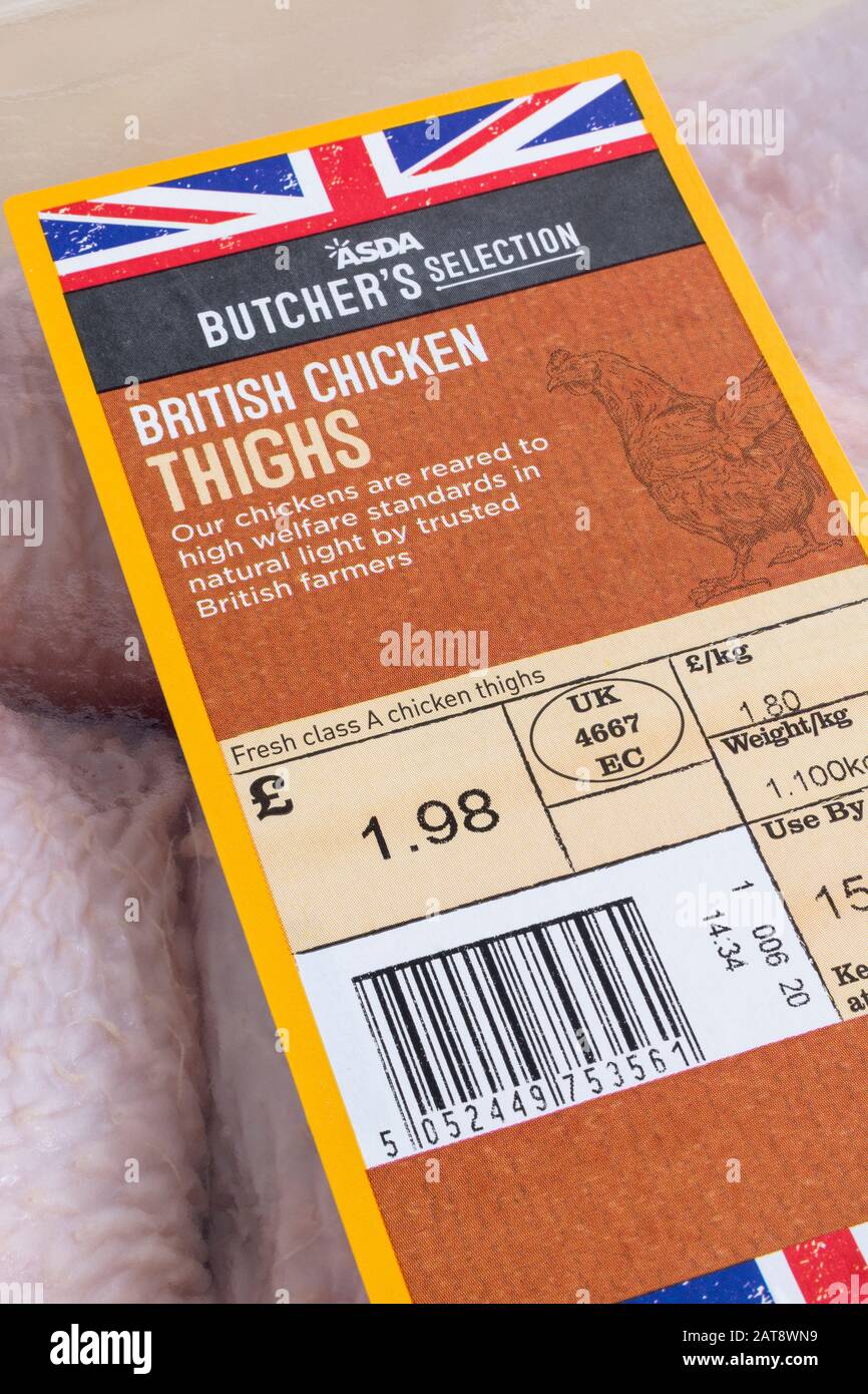 Plastic film wrapped ASDA chicken thighs with Union Jack graphic ...