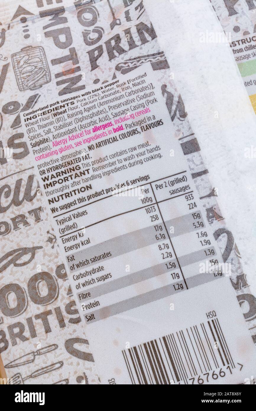 ASDA pork Cumberland sausages. Nutrition facts box, dietary information label, food allergy