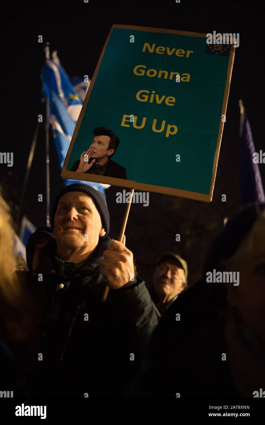 Edinburgh, UK. 31st Jan, 2020. 'Missing EU Already' Brexit Day Protest rally, outside the Scottish Parliament building on the evening that the United Kingdom leaves the European Union. Credit: jeremy sutton-hibbert/Alamy Live News Stock Photo