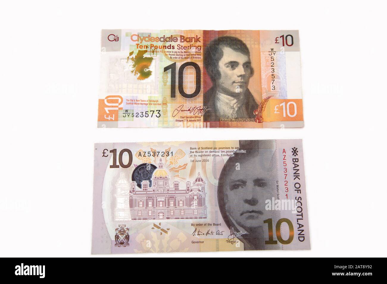 Two Scottish Ten Pound Notes - Bank of Scotland And Clydesdale Bank depicting Robert Burns and Sir Walter Scott Stock Photo