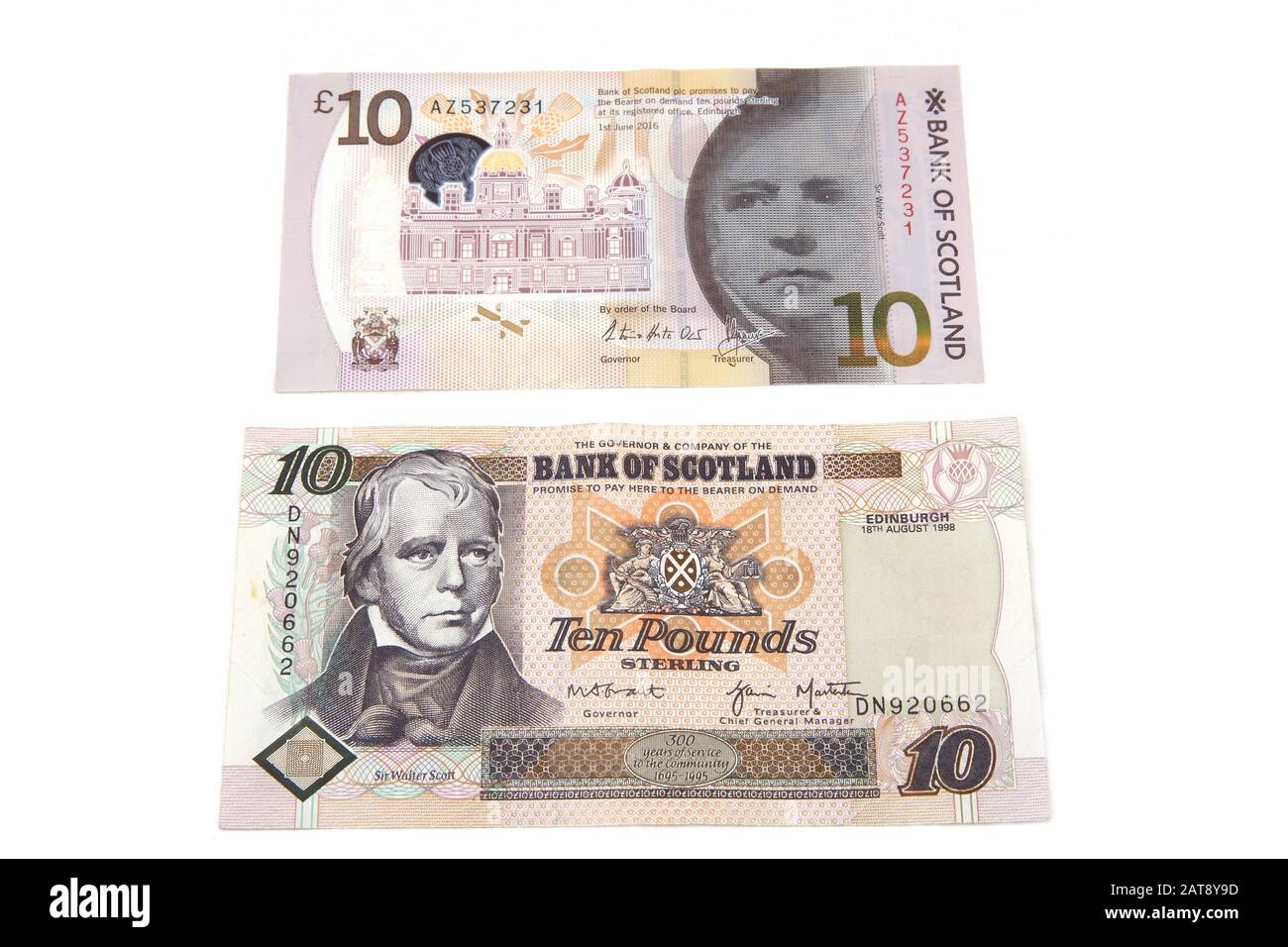 New Polymer Bank of Scotland Ten Pound Note introduced 2017 and Old 1995 Bank of Scotland Tercentenary Ten Pound Note Stock Photo