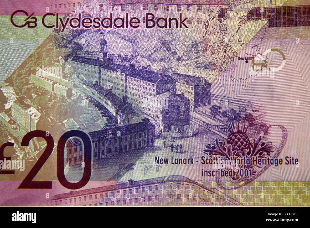 New Lanark Scottish World Heritage Site Depicted on Clydesdale Bank Twenty Pound Note Stock Photo