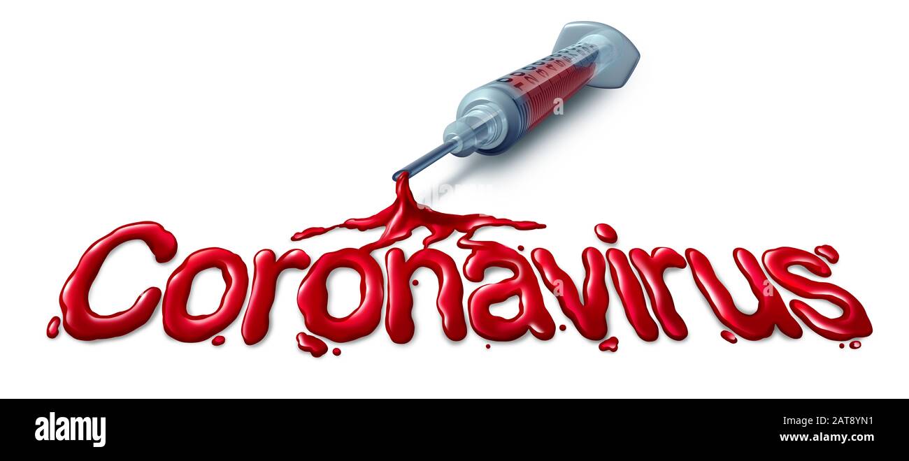 Coronavirus outbreak and coronaviruses influenza blood test analysis medical concept as a syringe with text as dangerous flu strain cases. Stock Photo