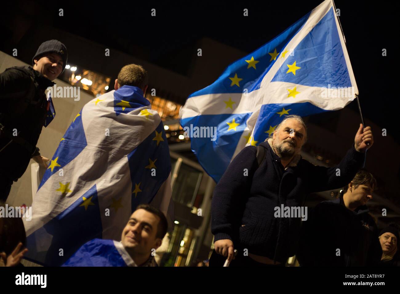 Edinburgh, UK. 31st Jan, 2020. 'Missing EU Already' Brexit Day Protest rally, outside the Scottish Parliament building on the evening that the United Kingdom leaves the European Union. Credit: jeremy sutton-hibbert/Alamy Live News Stock Photo